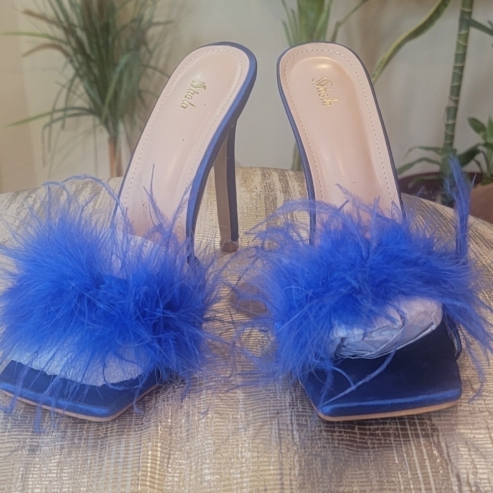 Royal Blue High Heel Stiletto Feather Fluffy Sandals/Sexy Slippers/Mules/Slides - Picture 15 of 15